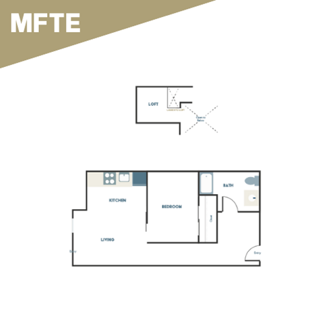 A floor plan of a house with a kitchen, bedroom, and living room.